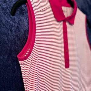 Nike Golf Polo Shirt Berry/White Striped Sleeveless Dri Fit Collar
Size Small